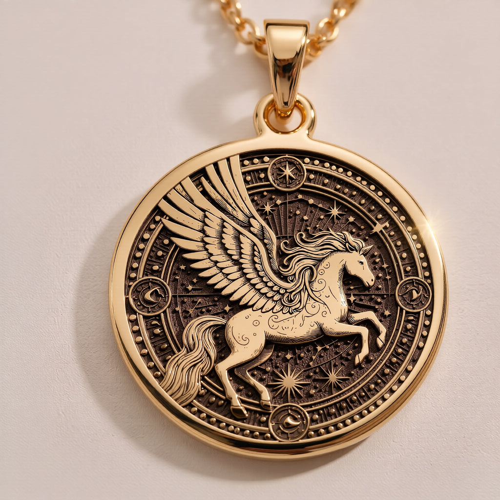 14K Gold Pegasus Necklace with a stunning winged horse medallion design, perfect for mythology lovers and celestial jewelry enthusiasts. Ideal gift for special occasions like birthdays, anniversaries, or holidays.