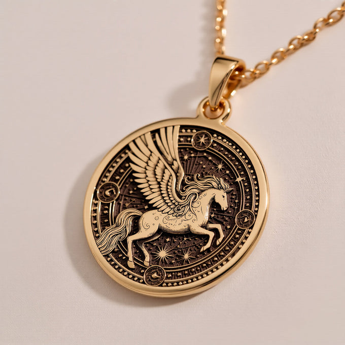 14K Gold Pegasus Necklace with a stunning winged horse medallion design, perfect for mythology lovers and celestial jewelry enthusiasts. Ideal gift for special occasions like birthdays, anniversaries, or holidays.