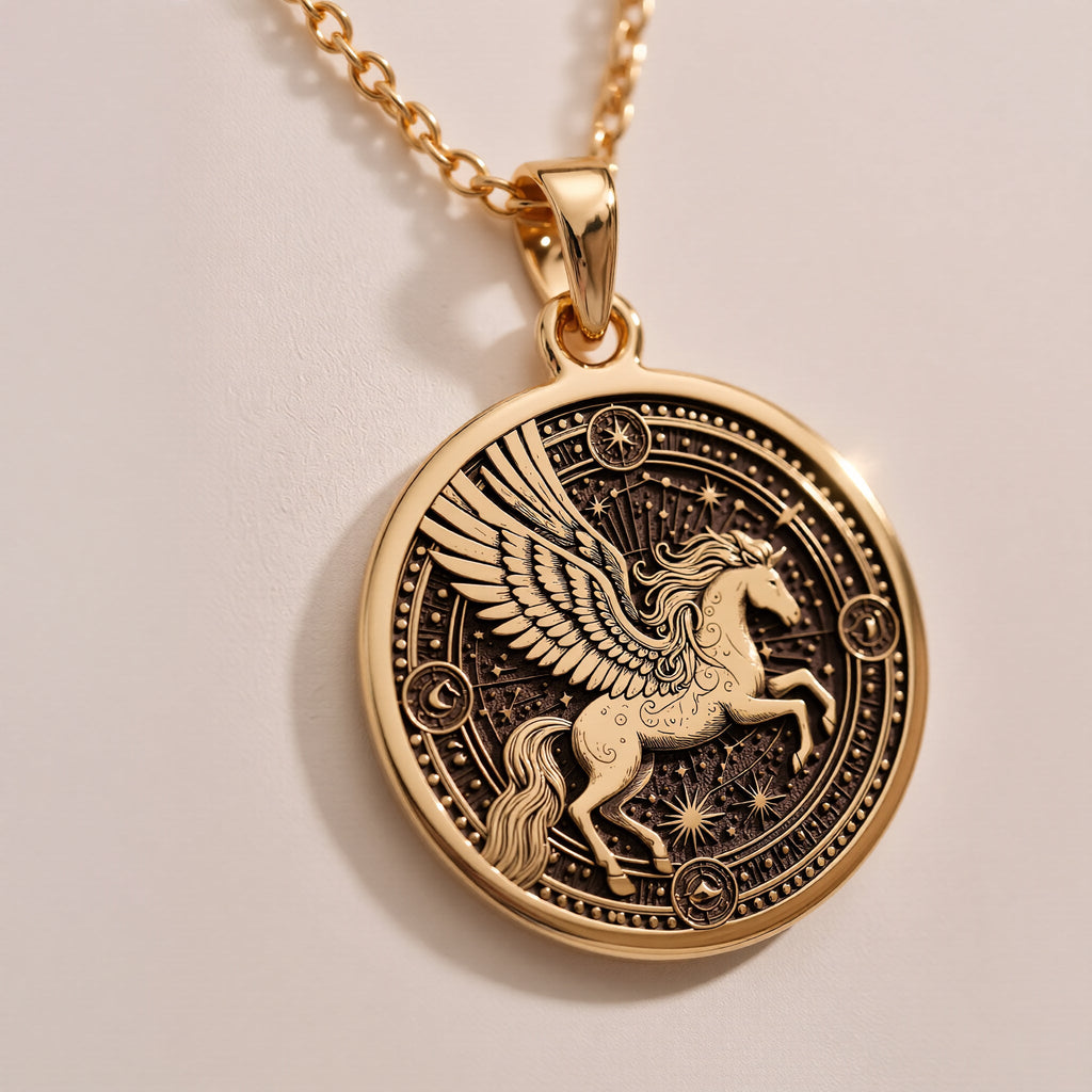 14K Gold Plated Pegasus Necklace featuring a detailed winged horse medallion, inspired by Greek mythology. This unique celestial pendant is perfect for those who love mythology jewelry or are searching for a meaningful and stylish accessory or gift.