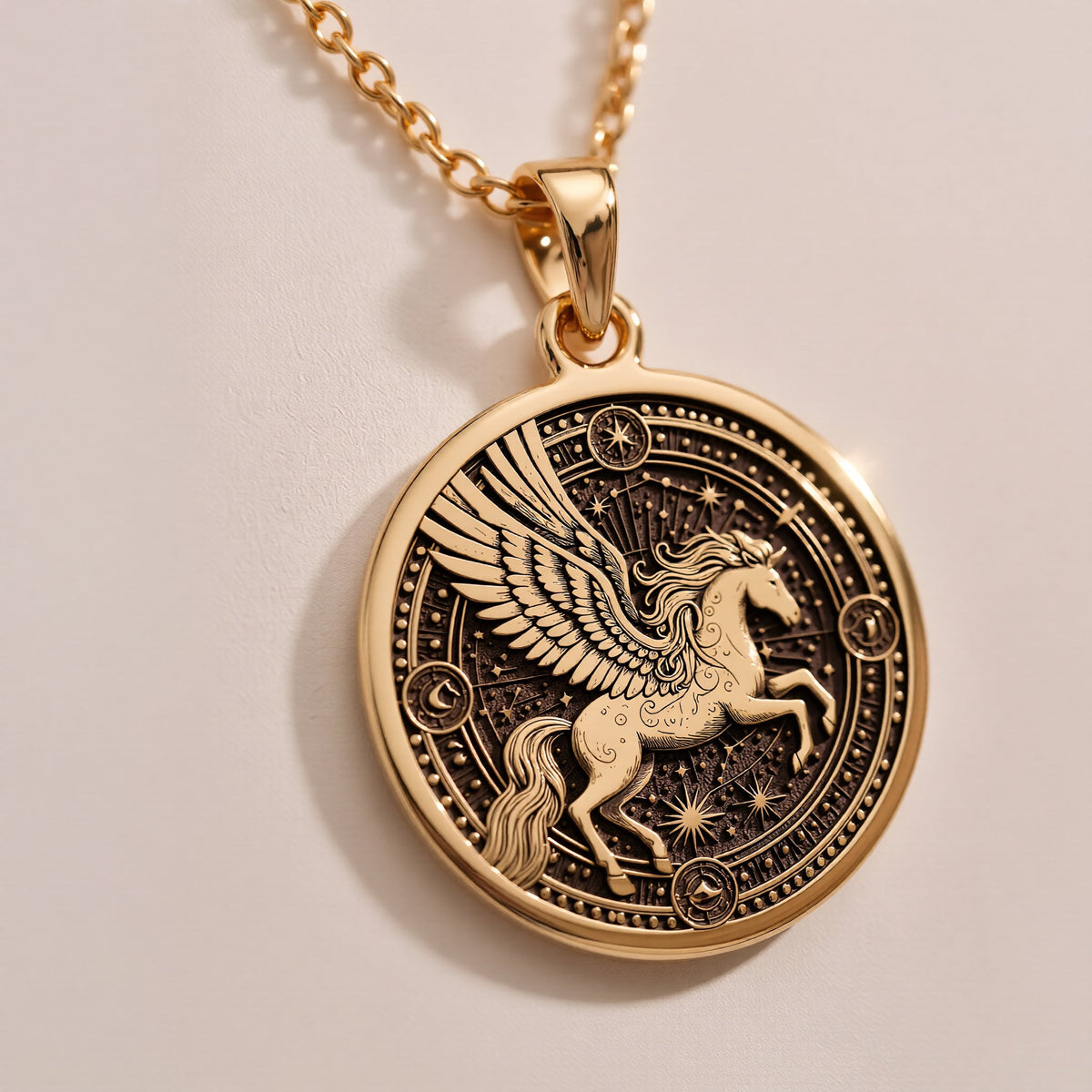 14K Gold Plated Pegasus Necklace featuring a detailed winged horse medallion, inspired by Greek mythology. This unique celestial pendant is perfect for those who love mythology jewelry or are searching for a meaningful and stylish accessory or gift.
