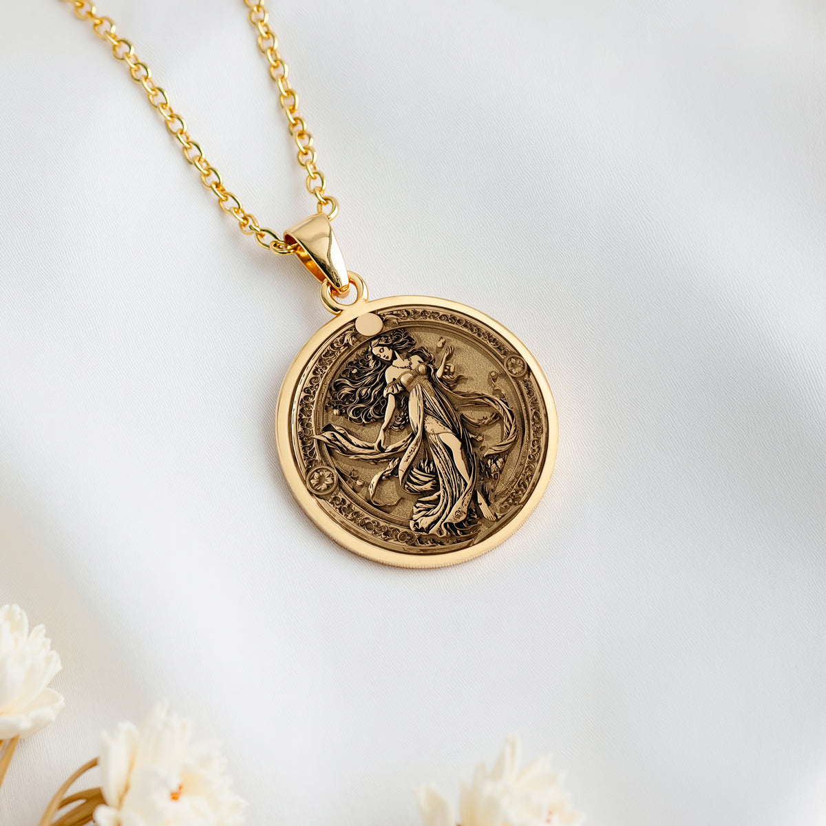 14K solid gold Persephone Queen of Underworld Coin Pendant: round  of Persephone Queen ...