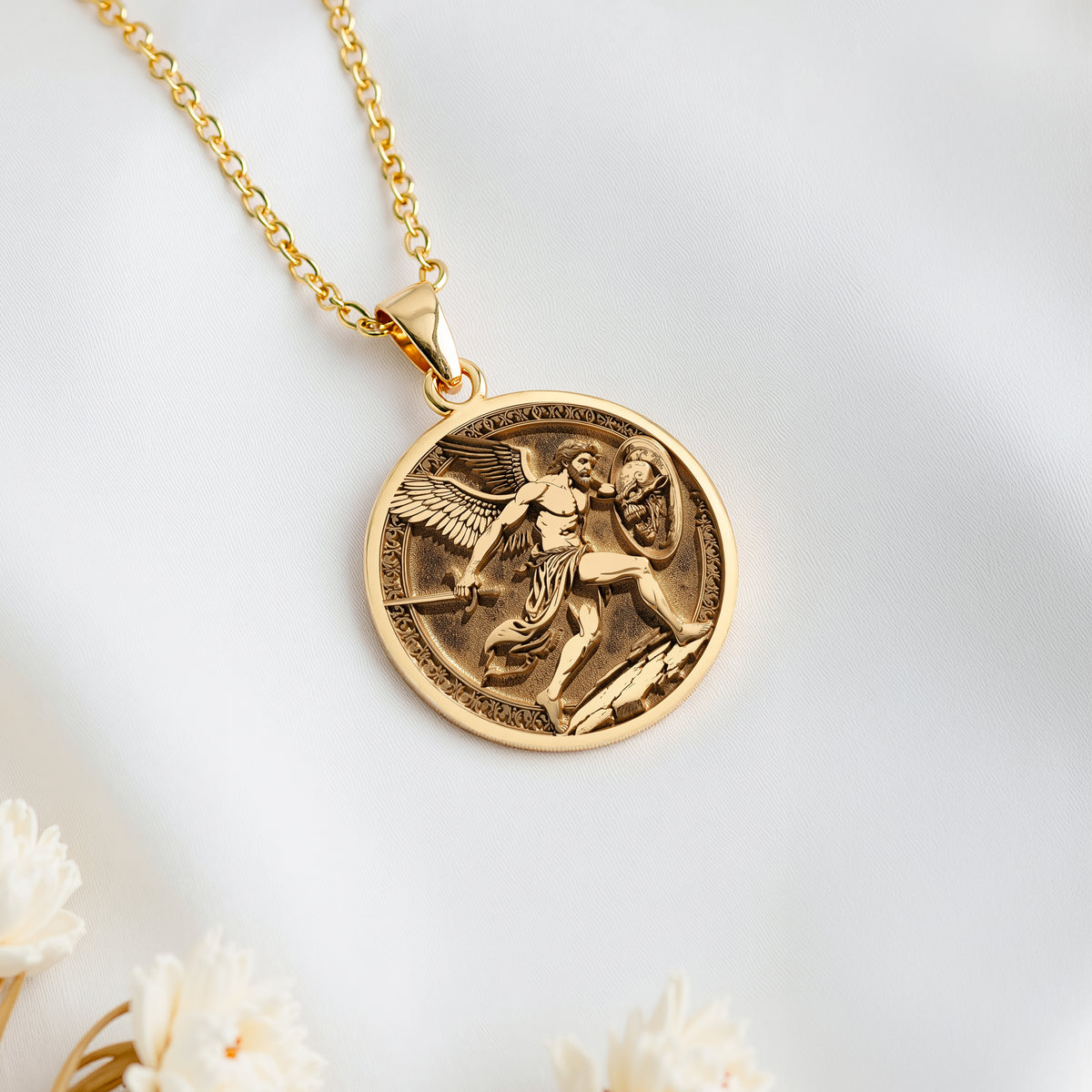 14K solid gold Perseus Greek Mythology Necklace: round  of Perseus Greek hero with engr...