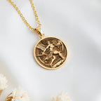 14K solid gold Perseus Greek Mythology Necklace: round  of Perseus Greek hero with engr...