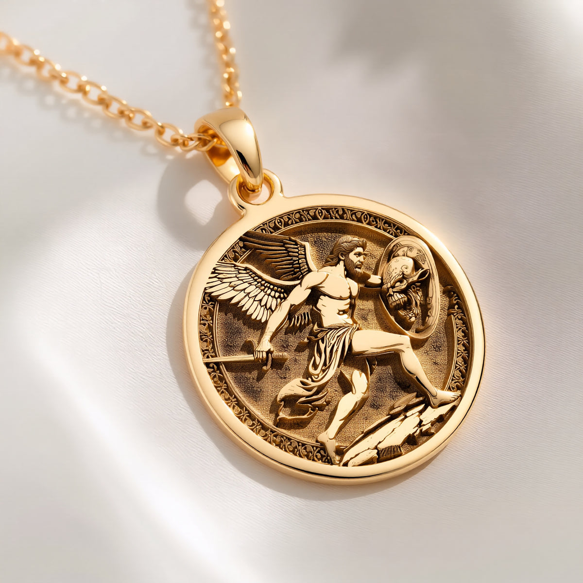 14K solid gold Perseus Greek Mythology Necklace: round  of Perseus Greek hero with engr...