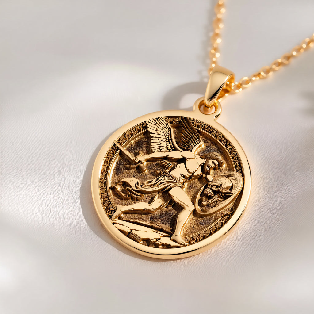 14K solid gold Perseus Greek Mythology Necklace: round  of Perseus Greek hero with engr...