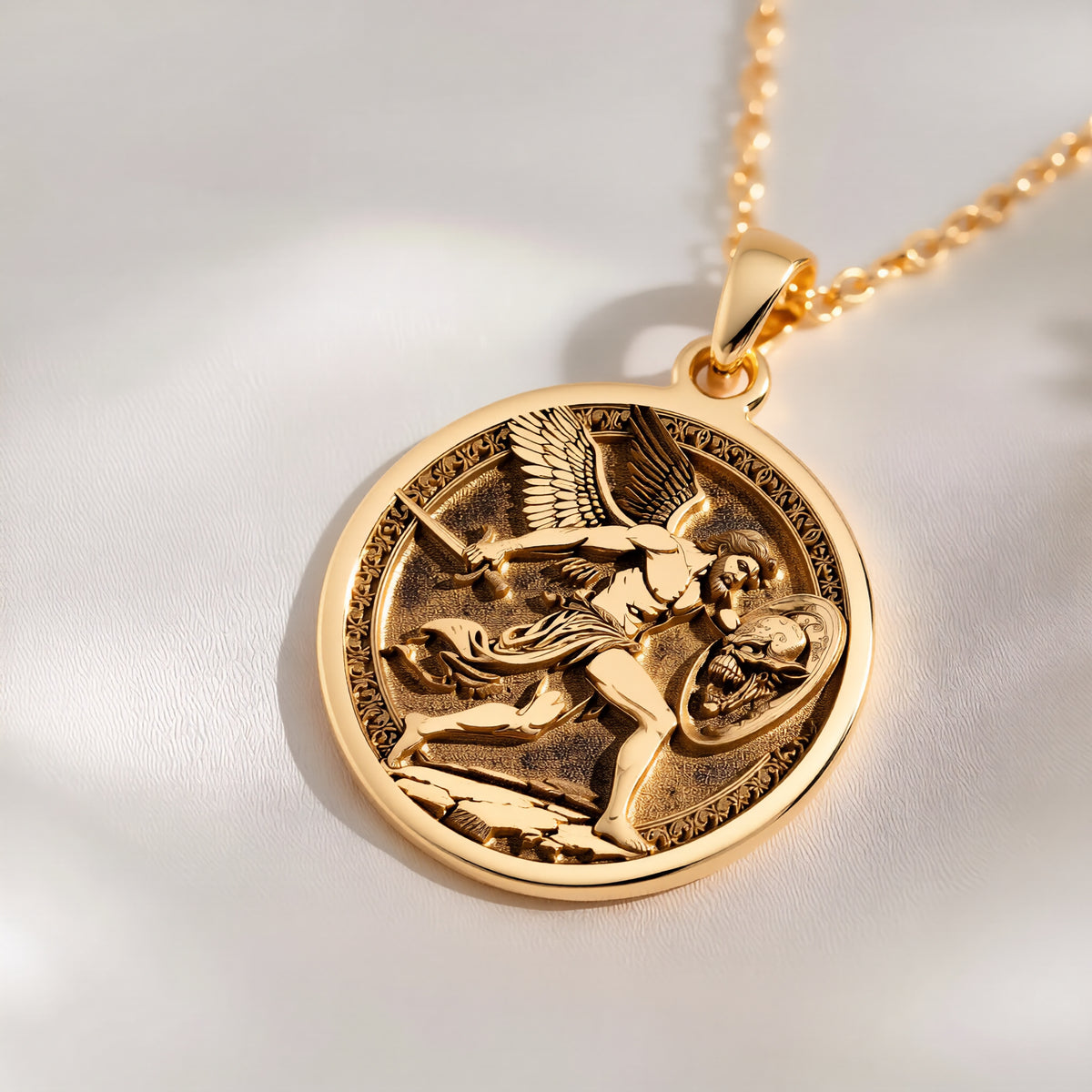 14K solid gold Perseus Greek Mythology Necklace: round  of Perseus Greek hero with engr...