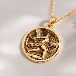 14K solid gold Perseus Greek Mythology Necklace: round  of Perseus Greek hero with engr...