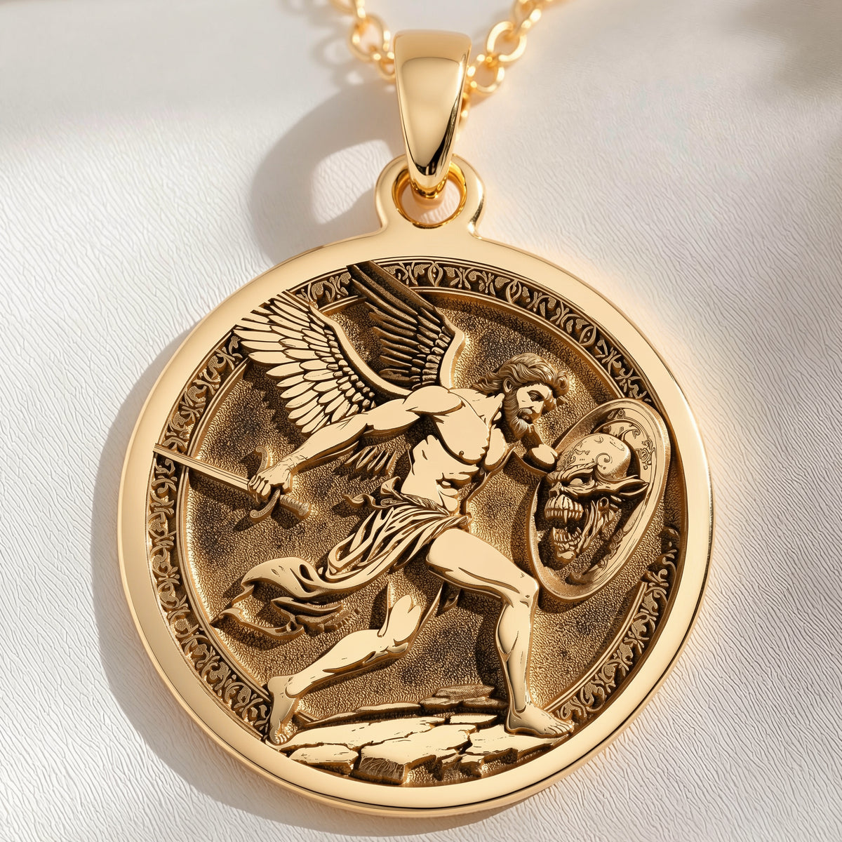 14K solid gold Perseus Greek Mythology Necklace: round  of Perseus Greek hero with engr...