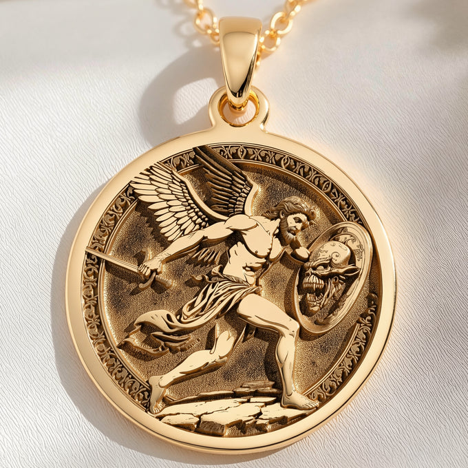 14K solid gold Perseus Greek Mythology Necklace: round  of Perseus Greek hero with engr...