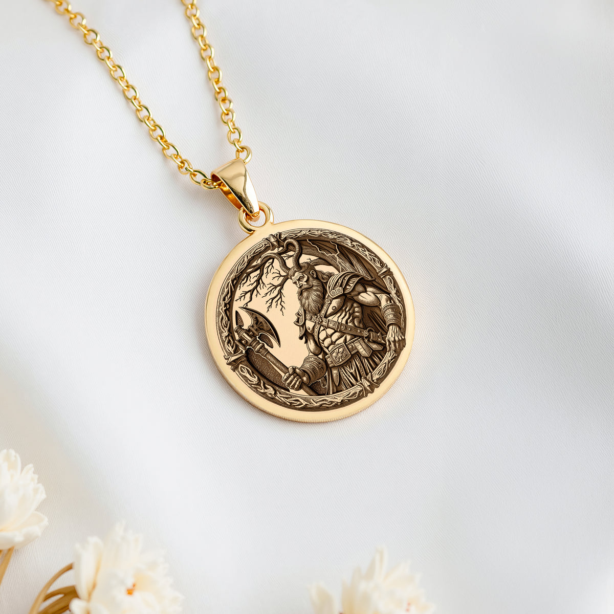 14K solid gold Perun Thunder God Pendant: round  of Perun Slavic thunder god with engra...