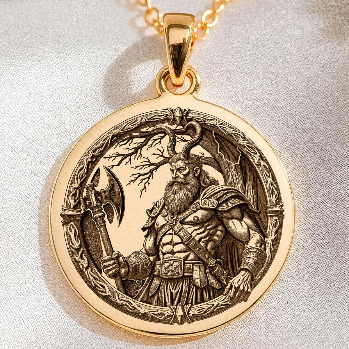 14K solid gold Perun Thunder God Pendant: round  of Perun Slavic thunder god with engra...