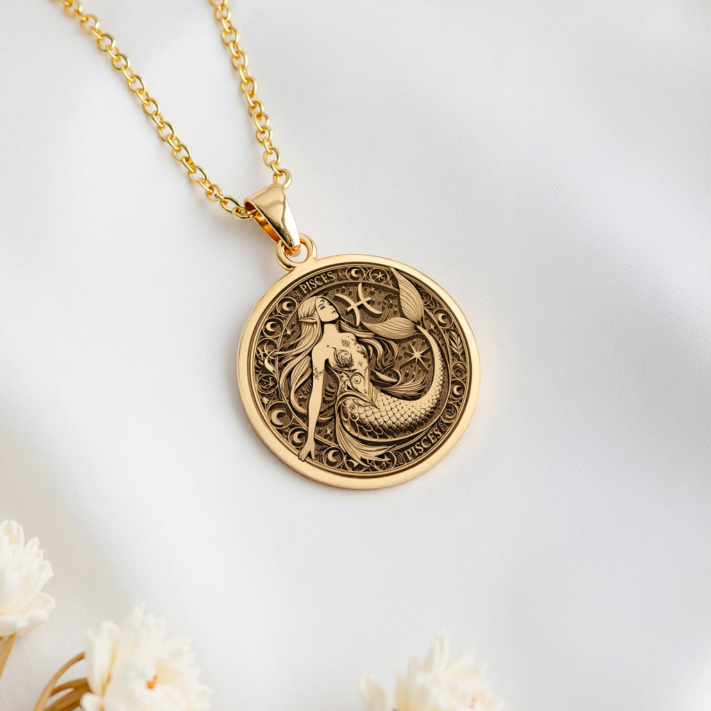 14K solid gold Mermaid Pisces Astrological Sign Necklace: round  Pisces zodiac sign wit...
