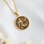 14K solid gold Mermaid Pisces Astrological Sign Necklace: round  Pisces zodiac sign wit...