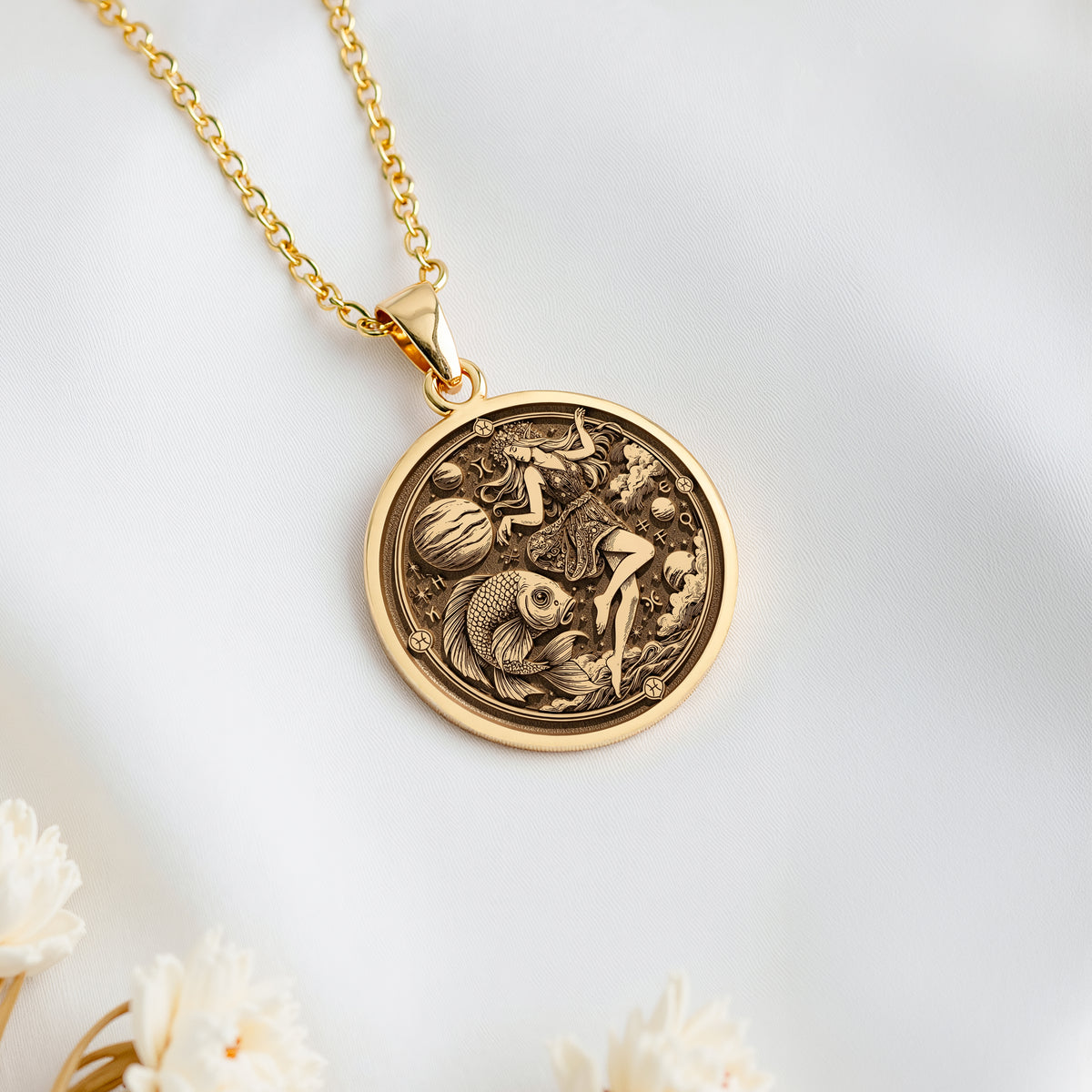 14K solid gold Pisces Zodiac Horoscope Necklace: round  of Pisces zodiac sign with engr...