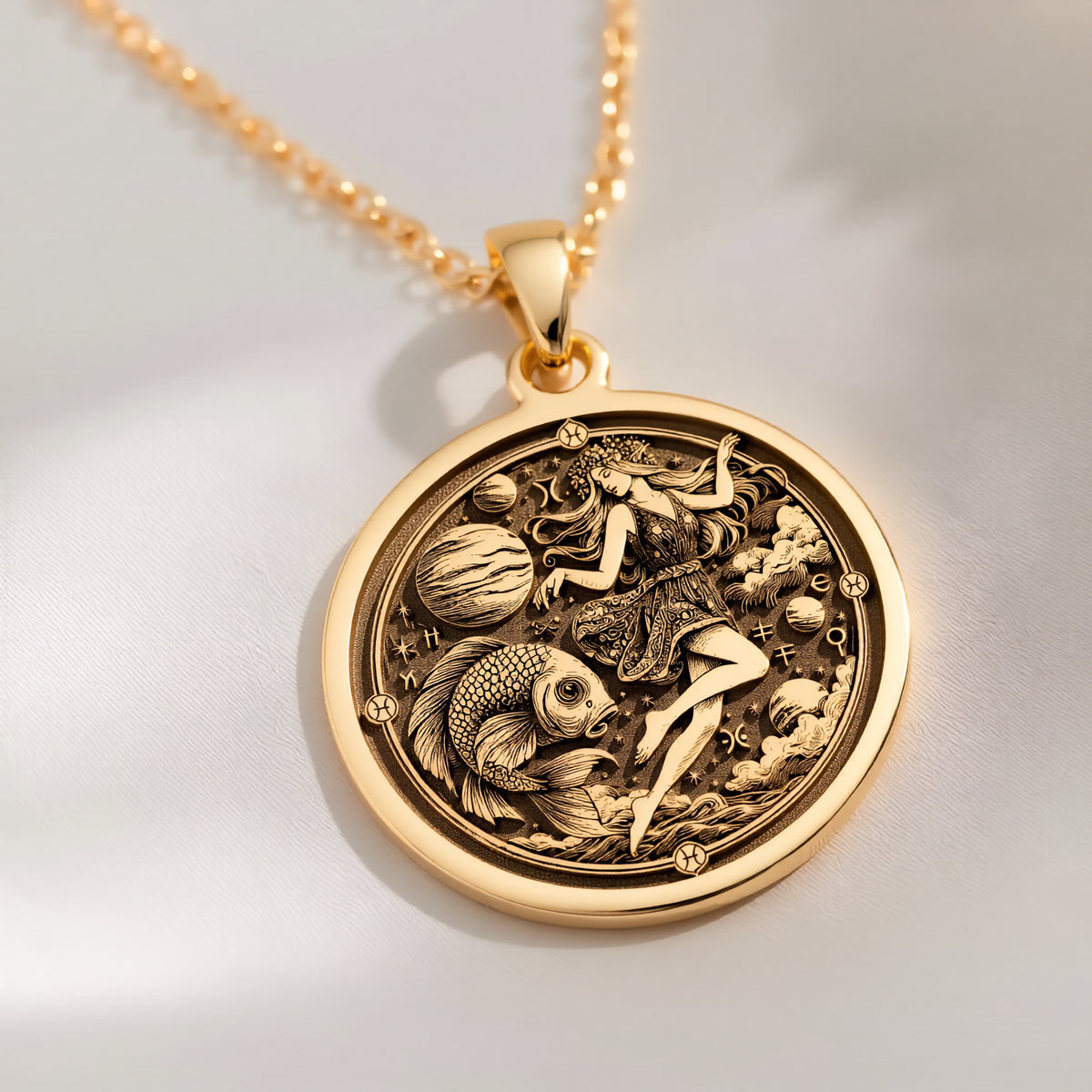 14K solid gold Pisces Zodiac Horoscope Necklace: round  of Pisces zodiac sign with engr...