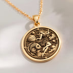 14K solid gold Pisces Zodiac Horoscope Necklace: round  of Pisces zodiac sign with engr...