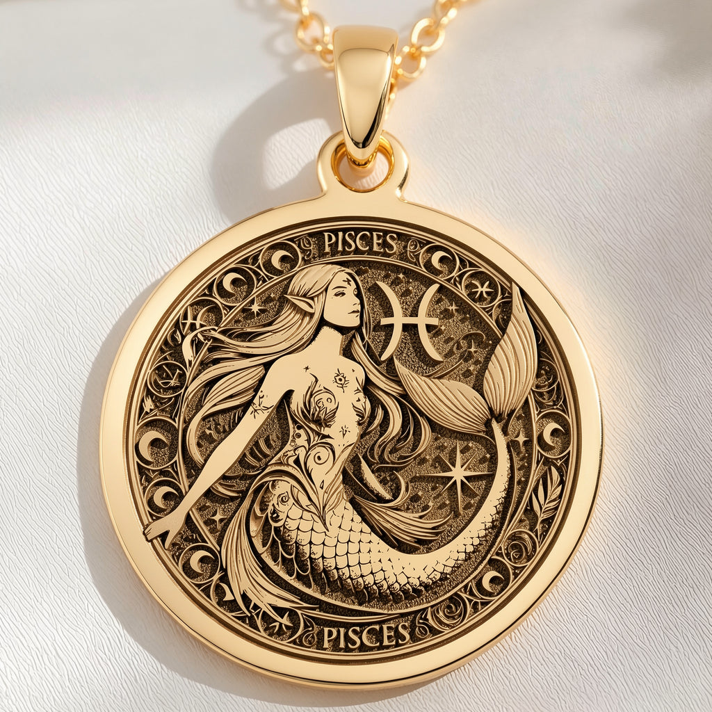 14K solid gold Mermaid Pisces Astrological Sign Necklace: round  Pisces zodiac sign wit...