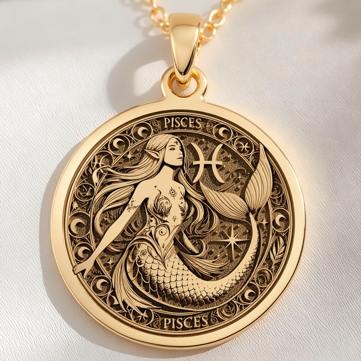 14K solid gold Mermaid Pisces Astrological Sign Necklace: round  Pisces zodiac sign wit...