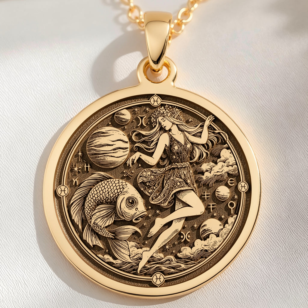 14K solid gold Pisces Zodiac Horoscope Necklace: round  of Pisces zodiac sign with engr...