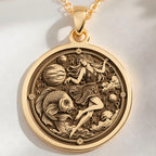 14K solid gold Pisces Zodiac Horoscope Necklace: round  of Pisces zodiac sign with engr...