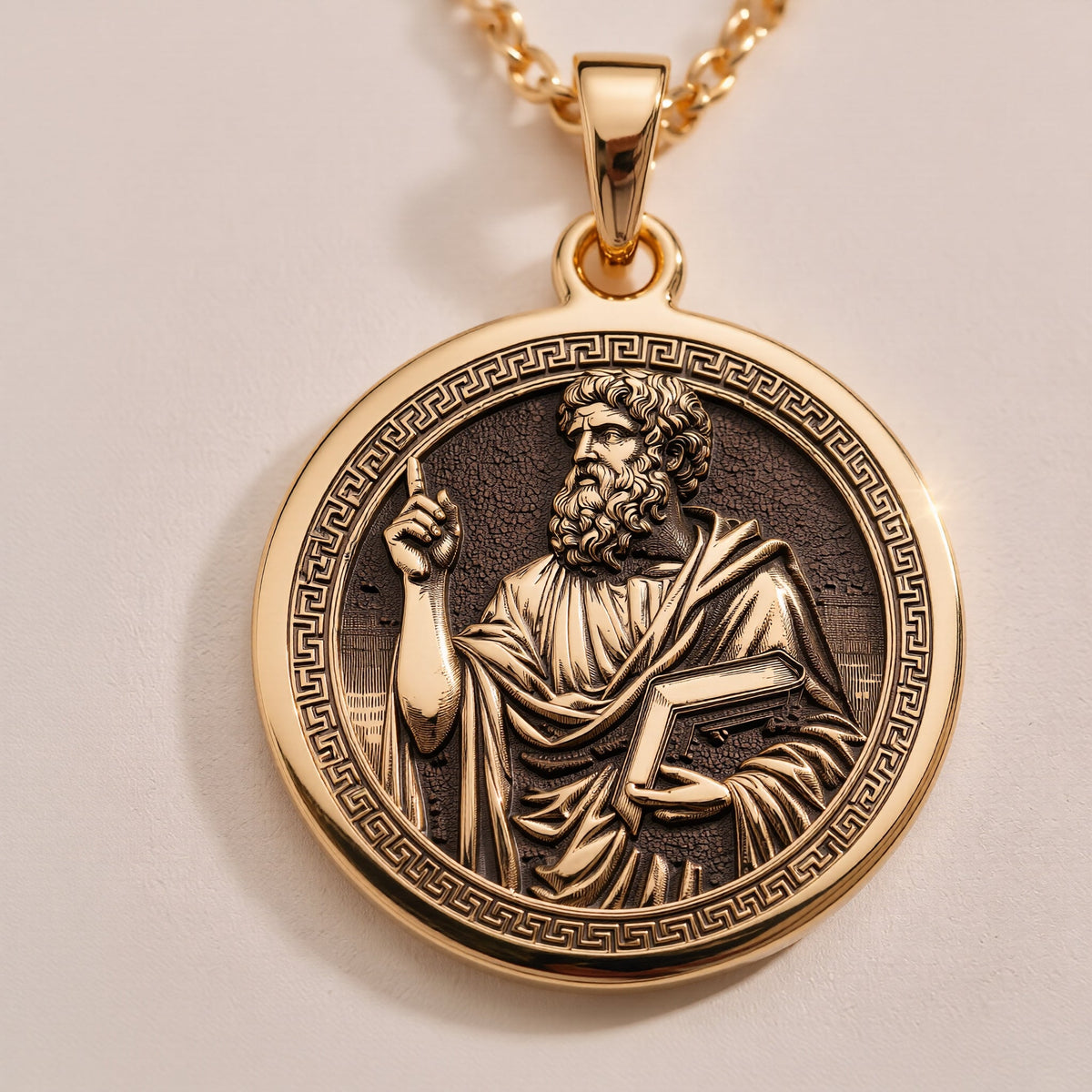 An heirloom-quality 14K solid gold Plato medallion. The art shows the Greek philosopher, symbolizing wisdom, a precious philosophy gift.
