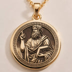 An heirloom-quality 14K solid gold Plato medallion. The art shows the Greek philosopher, symbolizing wisdom, a precious philosophy gift.