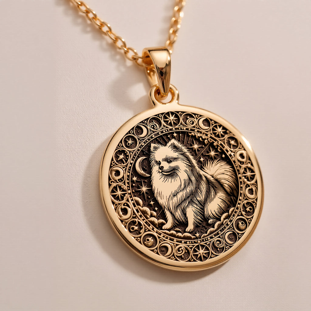 Fluffy Pomeranian Celestial Dog Pendant Necklaces 925 925 Sterling Silver round pendant with engraved animal portrait and filigree scrollwork necklace