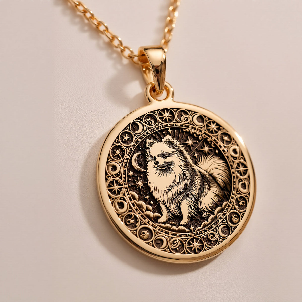 Fluffy Pomeranian Celestial Dog Pendant Necklaces 925 925 Sterling Silver round pendant with engraved animal portrait and filigree scrollwork necklace