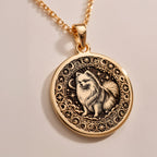 Fluffy Pomeranian Celestial Dog Pendant Necklaces 925 925 Sterling Silver round pendant with engraved animal portrait and filigree scrollwork necklace