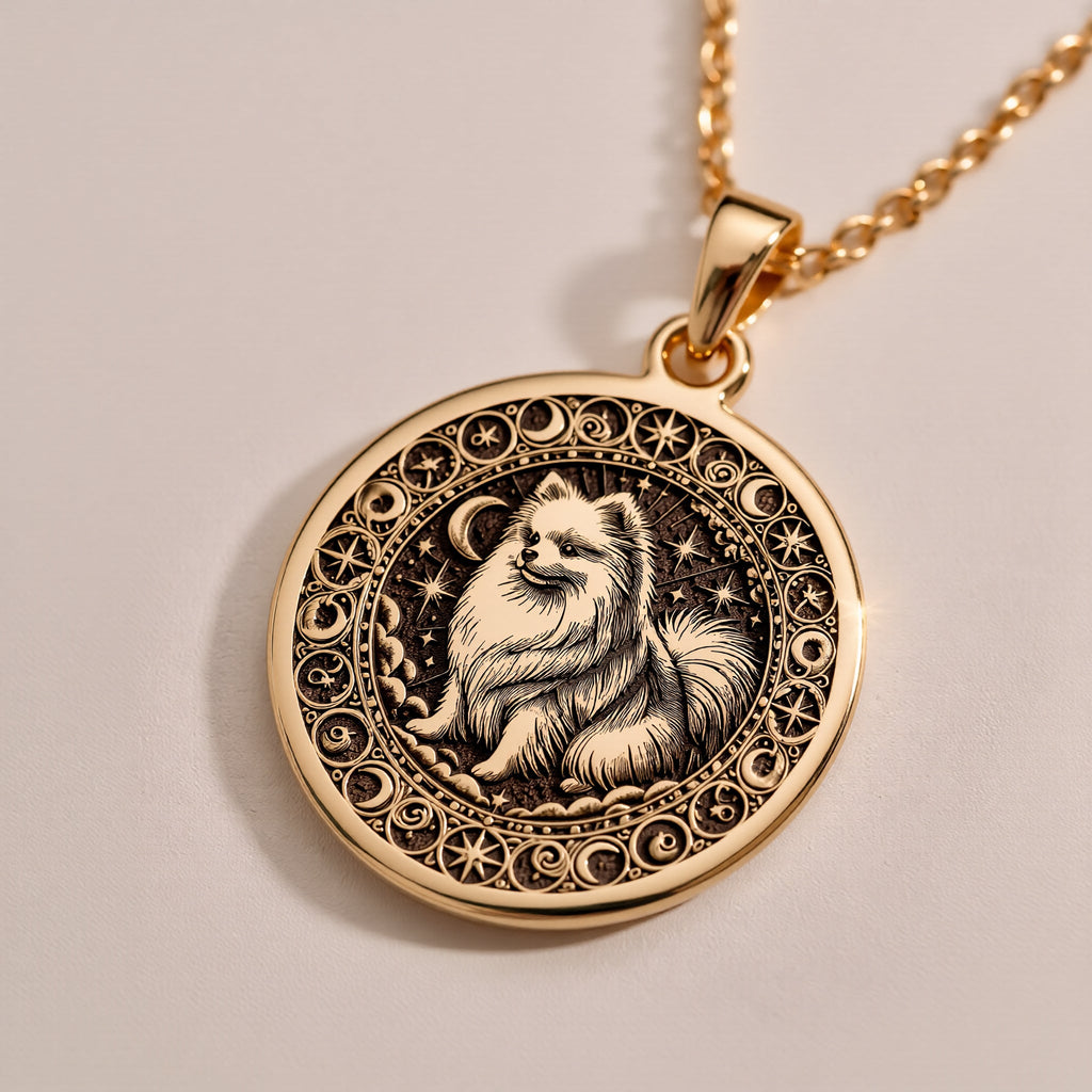 Fluffy Pomeranian Celestial Dog Pendant Necklaces Rose 14K Rose 14K 14K Rose 14K 14K Rose Gold Plated round pendant with stylized animal face and intricate scrollwork necklace