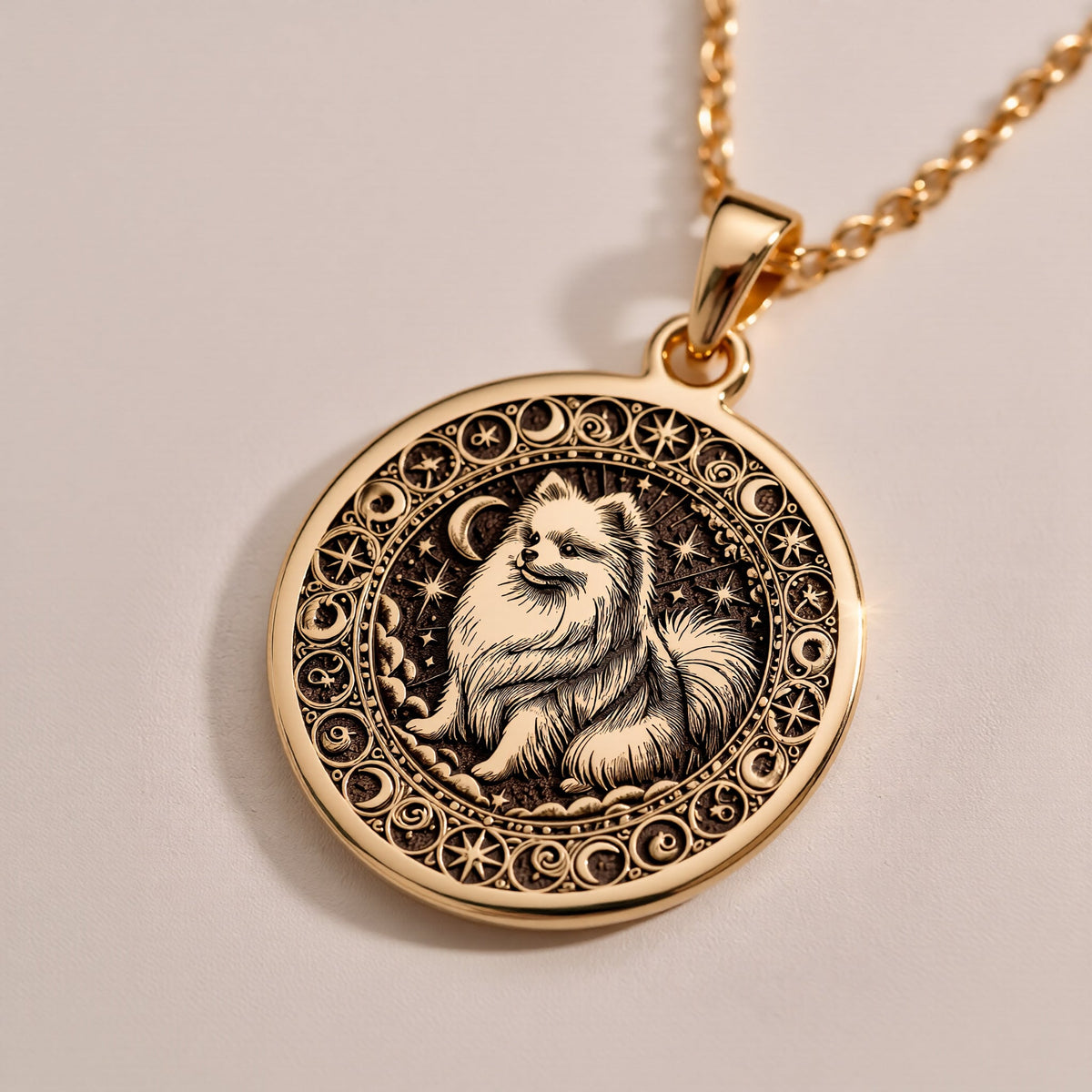 Fluffy Pomeranian Celestial Dog Pendant Necklaces Rose 14K Rose 14K 14K Rose 14K 14K Rose Gold Plated round pendant with stylized animal face and intricate scrollwork necklace