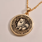 Fluffy Pomeranian Celestial Dog Pendant Necklaces Rose 14K Rose 14K 14K Rose 14K 14K Rose Gold Plated round pendant with stylized animal face and intricate scrollwork necklace