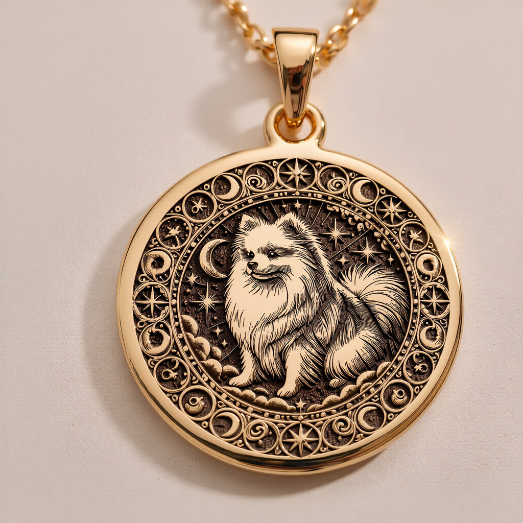 Fluffy Pomeranian Celestial Dog Pendant Necklaces Rose 14K Rose 14K 14K Rose 14K 14K Rose Gold Plated pendant necklace featuring a fox portrait in an ornate circular frame.