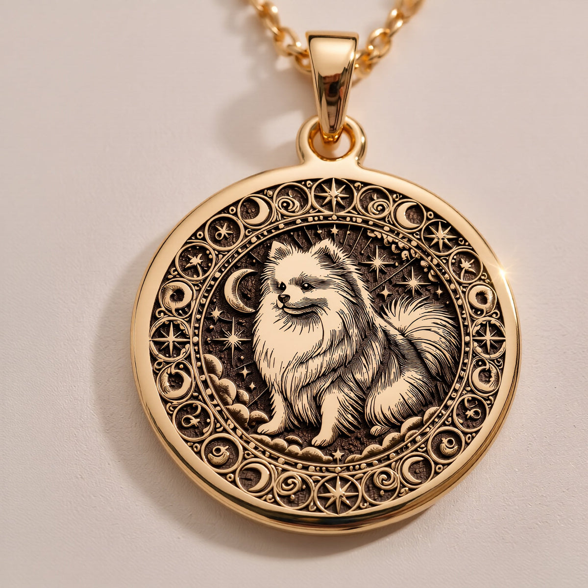 Fluffy Pomeranian Celestial Dog Pendant Necklaces Rose 14K Rose 14K 14K Rose 14K 14K Rose Gold Plated pendant necklace featuring a fox portrait in an ornate circular frame.