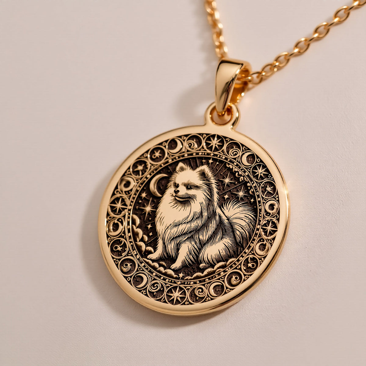 Fluffy Pomeranian Celestial Dog Pendant Necklaces size chart with pendant dimensions and chain length options
