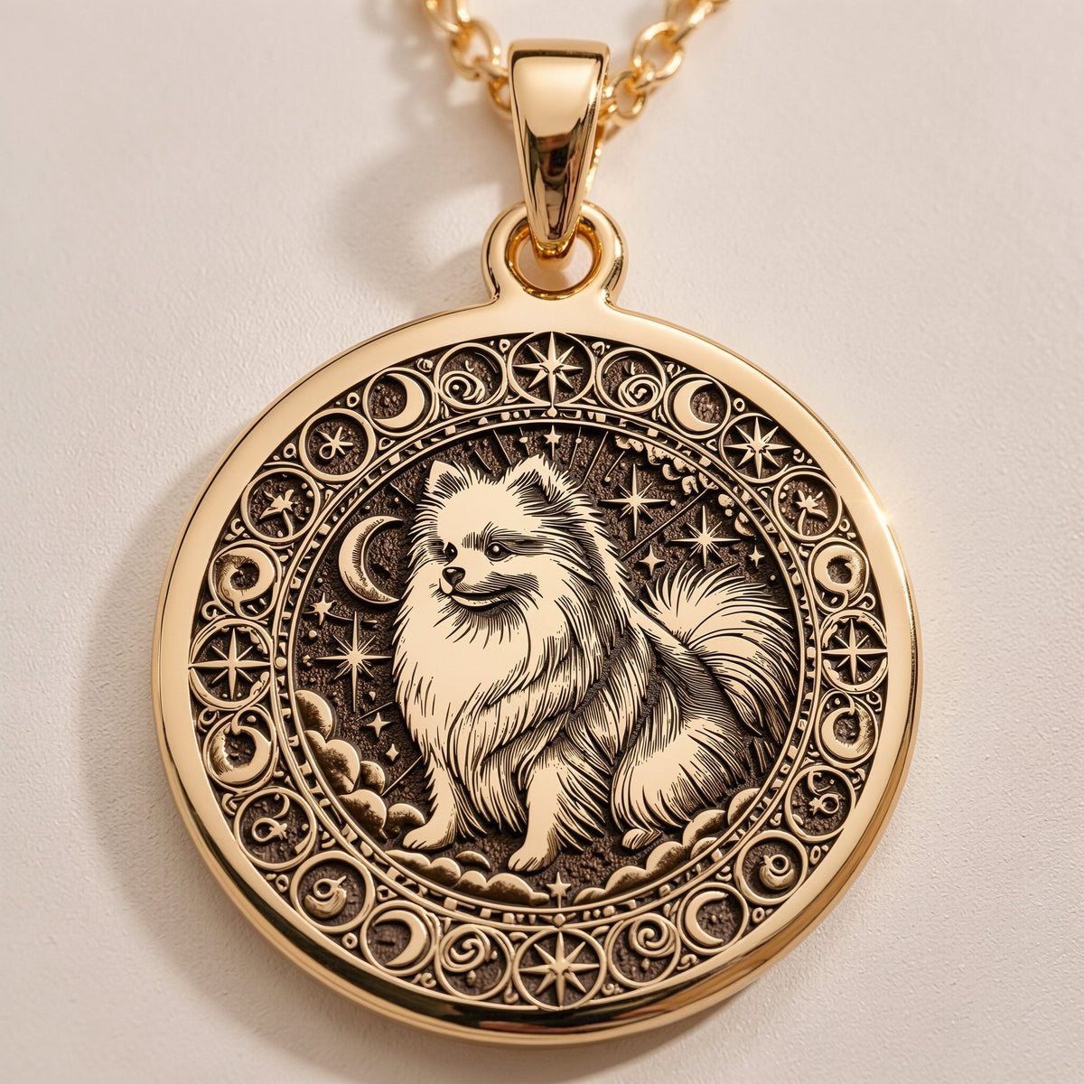 Fluffy Pomeranian Celestial Dog Pendant Necklaces Gold-toned engraved pendant necklace options featuring personalized text on round discs.
