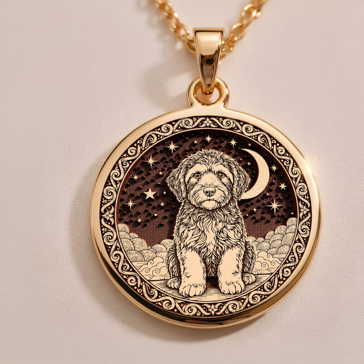 An elegant rose gold plated Portuguese Water Dog pendant. The beautiful engraving makes this a dainty and modern piece of pet jewelry.