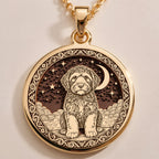 A custom rose gold plated Dog Lover tarot necklace. This piece is a perfect gift, honoring the loyal and active Portuguese Water Dog.