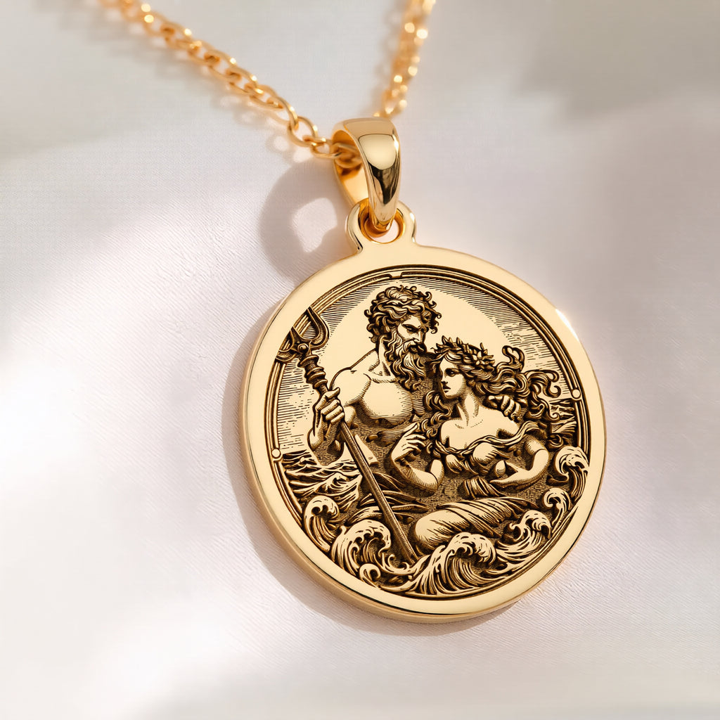 Gold Poseidon necklace, gold Amphitrite necklace, Poseidon and Amphitrite gold necklace, Greek mythology gold necklace, gold ocean god and goddess necklace, Poseidon necklace, Amphitrite pendant, gold Greek god jewelry
