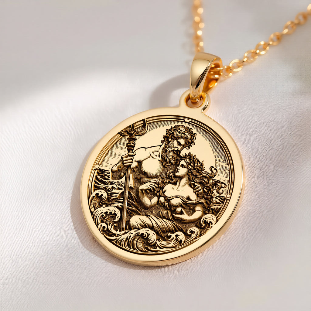 yellow gold Poseidon necklace, yellow gold Amphitrite necklace, Poseidon and Amphitrite yellow gold necklace, Greek mythology yellow gold necklace, yellow gold ocean god and goddess necklace, yellow gold Poseidon necklace