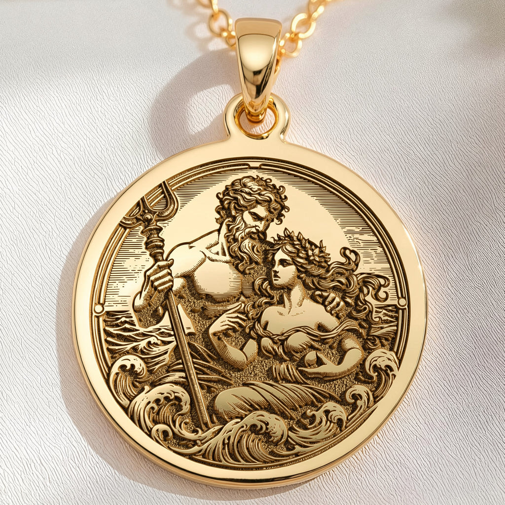 yellow gold Poseidon necklace, yellow gold Amphitrite necklace, Poseidon and Amphitrite yellow gold necklace, Greek mythology yellow gold necklace, yellow gold ocean god and goddess necklace, yellow gold Poseidon necklace, yellow gold Amphitrite pendant