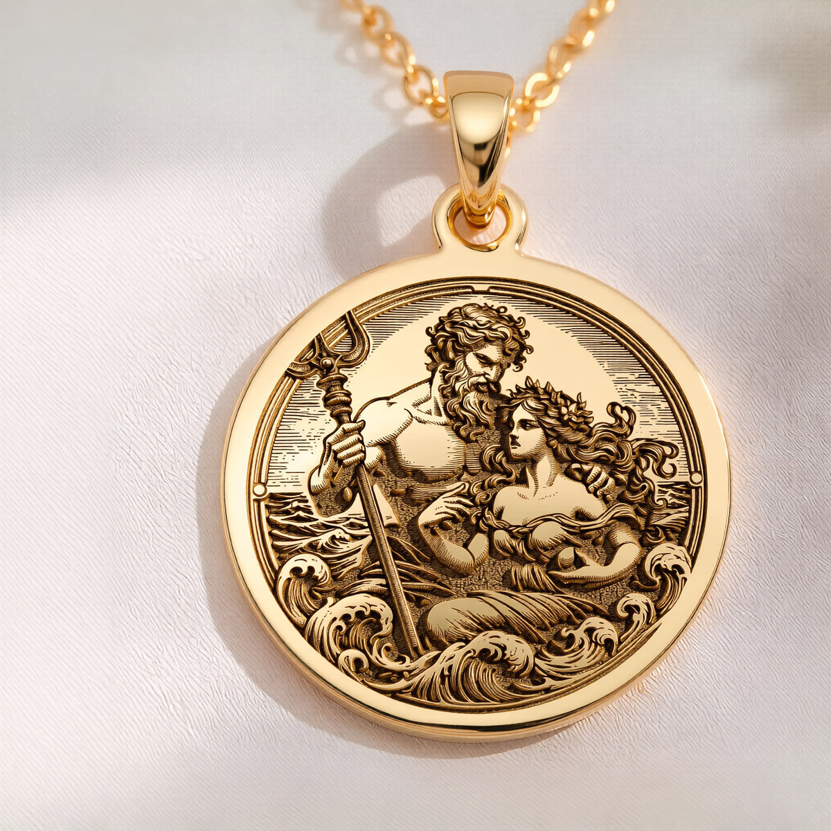 Gold Poseidon necklace, gold Amphitrite necklace, Poseidon and Amphitrite gold necklace, Greek mythology gold necklace, gold ocean god and goddess necklace, Poseidon necklace, Amphitrite pendant, gold Greek god jewelry