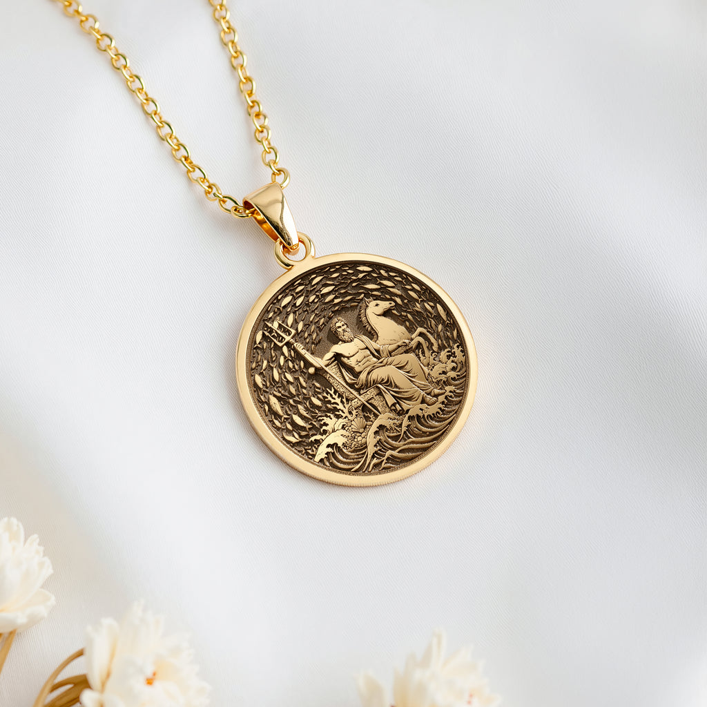 14K solid gold Poseidon God of the Sea Pendant Necklace: round  of Poseidon Greek sea g...