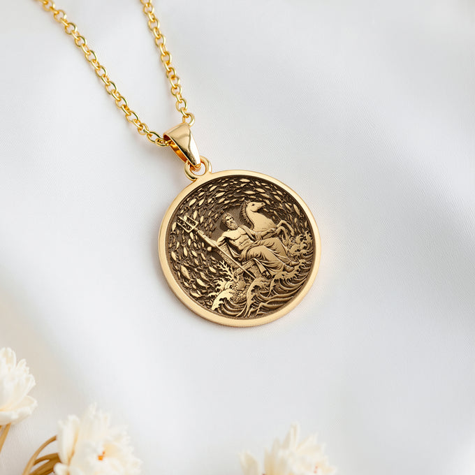 14K solid gold Poseidon God of the Sea Pendant Necklace: round  of Poseidon Greek sea g...