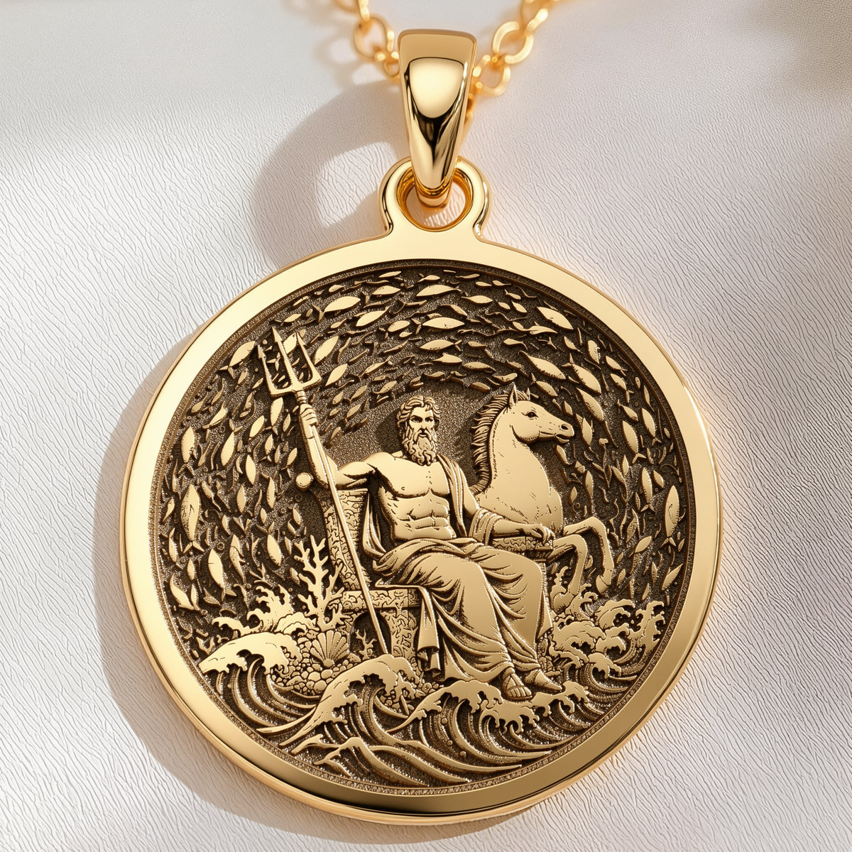 14K solid gold Poseidon God of the Sea Pendant Necklace: round  of Poseidon Greek god o...
