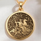 14K solid gold Poseidon God of the Sea Pendant Necklace: round  of Poseidon Greek god o...