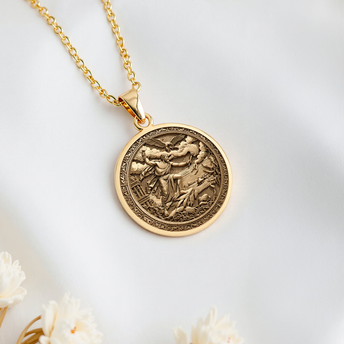 14K solid gold Prometheus Titan of Fire Pendant: round  of Prometheus Greek Titan fire ...