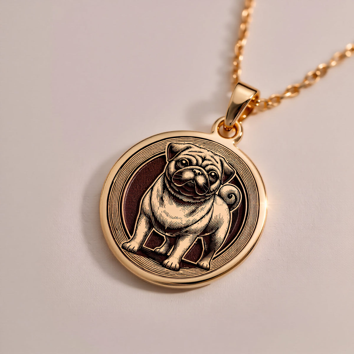 Elegant 14K Solid Gold Pug pendant, featuring a finely detailed dog medallion. A perfect pet lover’s charm, symbolizing playfulness, companionship, and love, making it a meaningful gold Pug necklace for dog enthusiasts.
