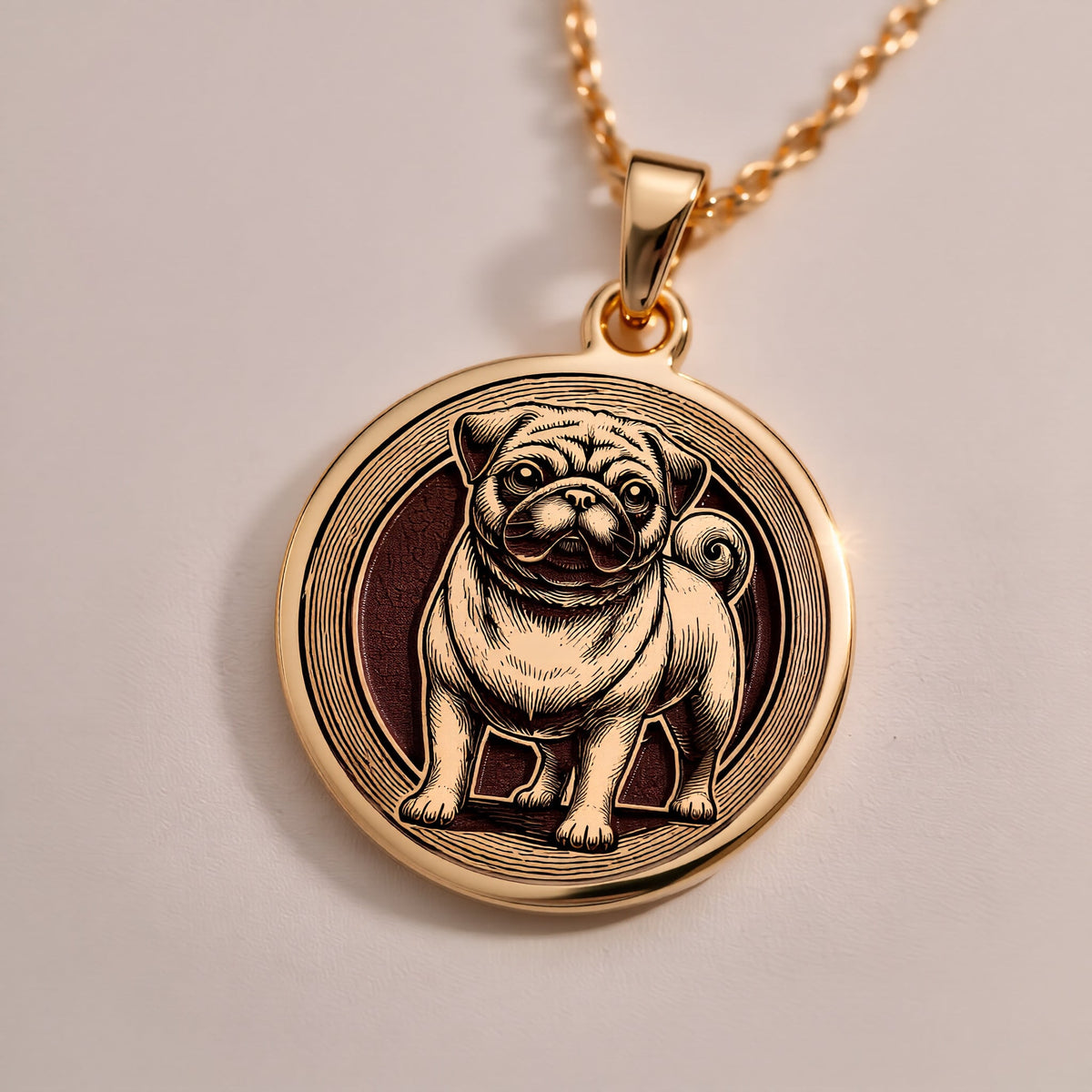 Elegant 14K Solid Gold Pug pendant, featuring a finely detailed dog medallion. A perfect pet lover’s charm, symbolizing playfulness, companionship, and love, making it a meaningful gold Pug necklace for dog enthusiasts.