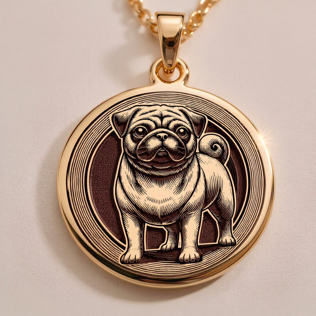 Pug Dog Spirit Animal Medallion Necklaces size chart with pendant dimensions and chain length options